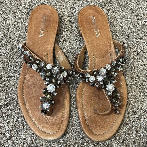 Prada Women's Leather Tan and Brown Beaded Sandals size EU 38 US 8 - Picture 8 of 16